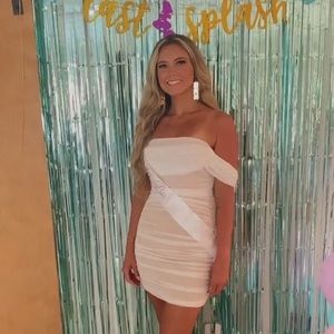 Off the shoulder dress & “bride” earring bundle